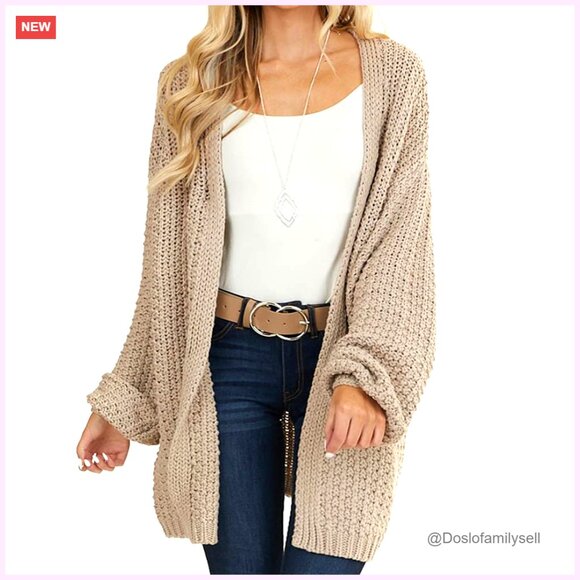 Oversized Chunky Knit Cardigan Open Front Batwing Sleeves Acrylic
